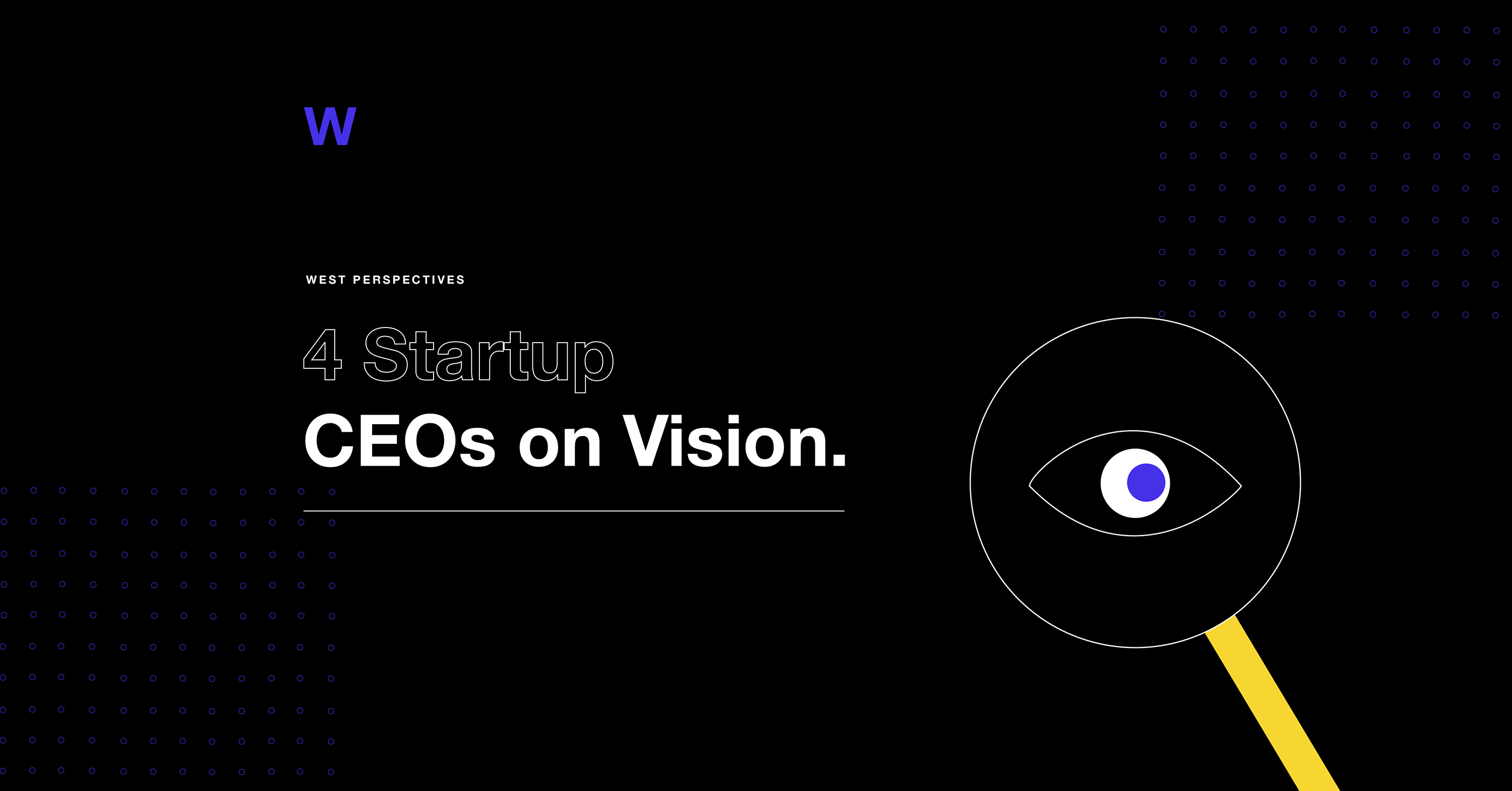 A picture containing black background, and 4 startup ceos on vision.